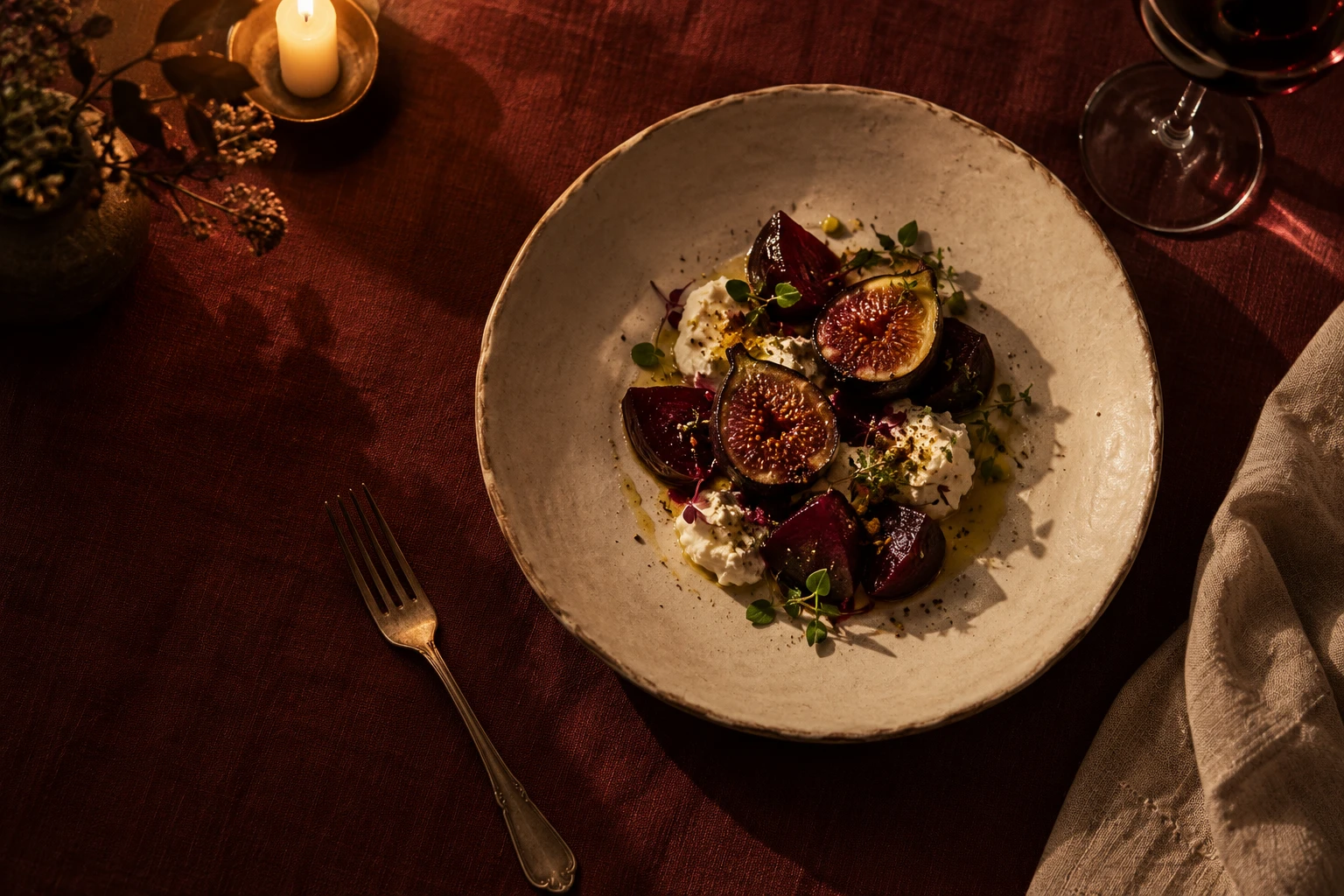 Roasted figs and ricotta on an ivory plate, surrounded by candlelight and oxblood linen