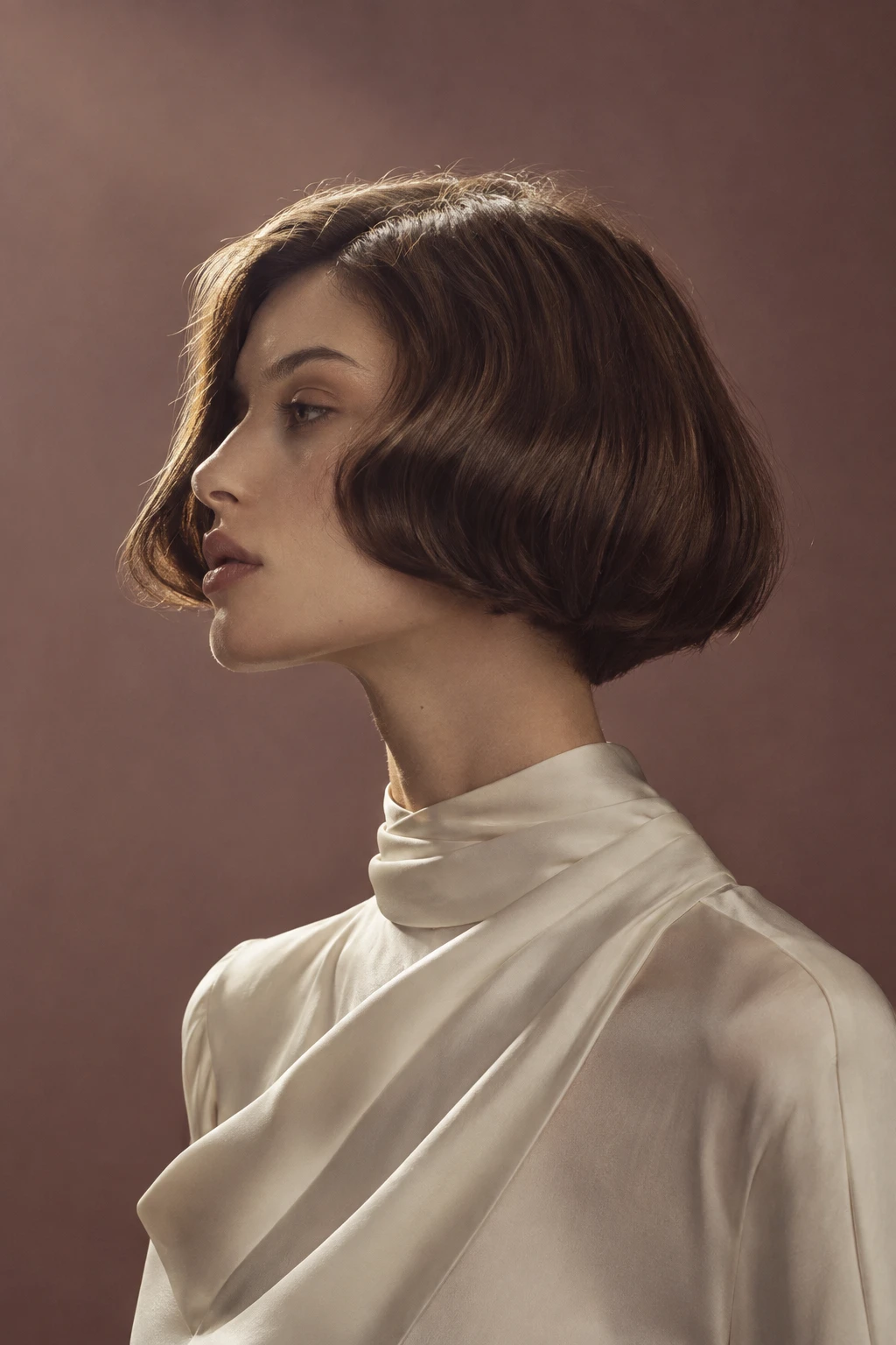 Sculptural chestnut bob in a warm fashion portrait
