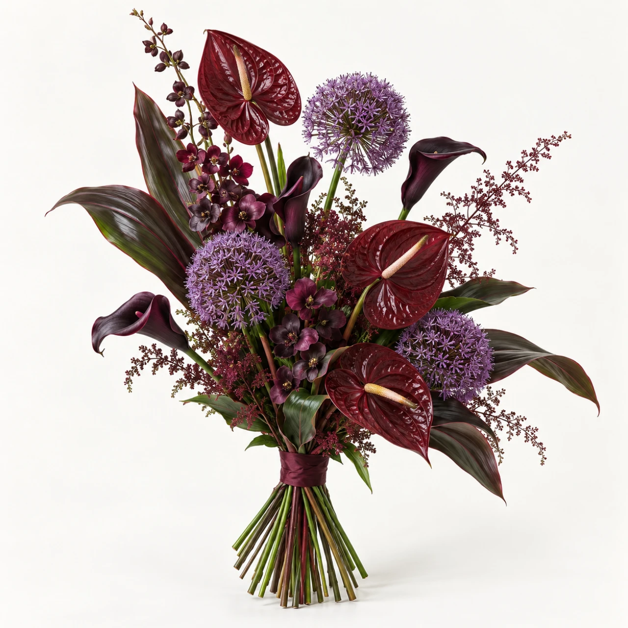 Architektonischer Strauß mit burgunderroten Anthurien und violettem Allium