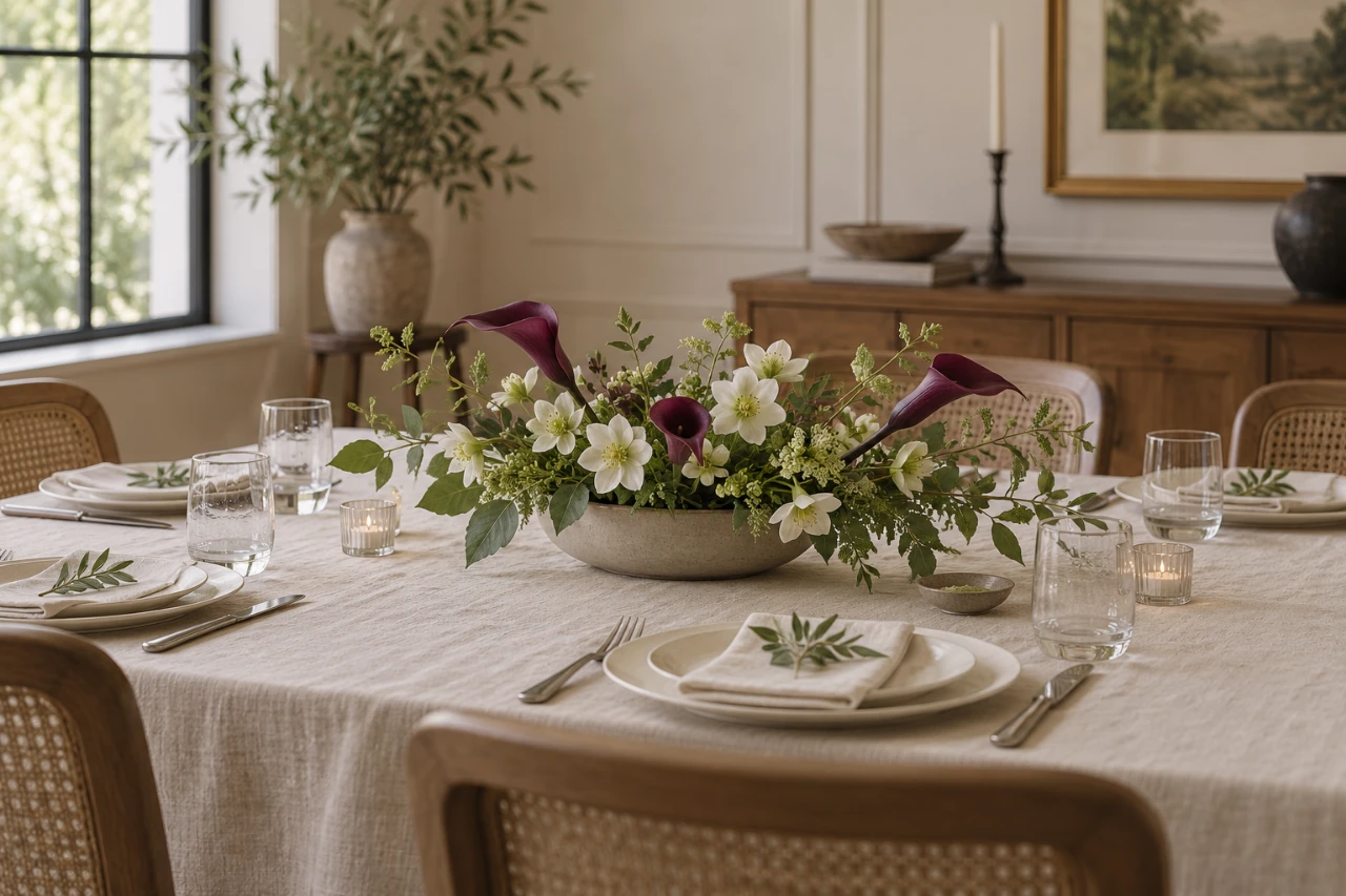 Niedriges Tischarrangement aus weißen Blüten und dunkler Calla auf einer gedeckten Tafel