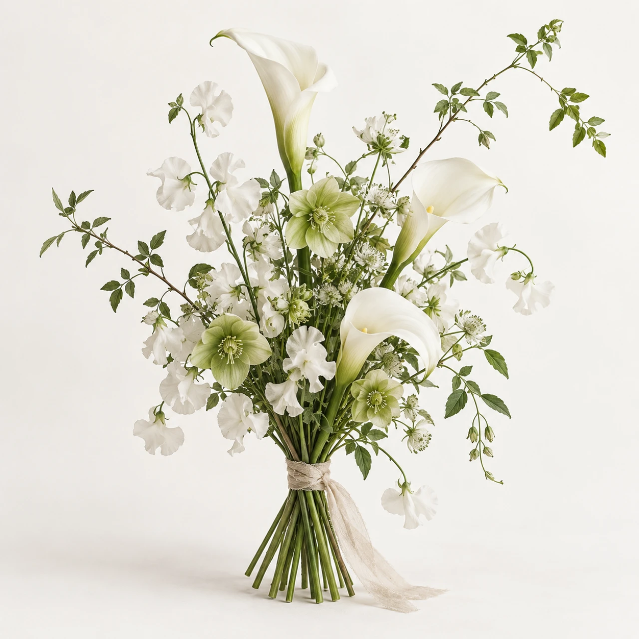 Luftiger weißer Strauß aus Calla, Wicken und grünen Helleboren